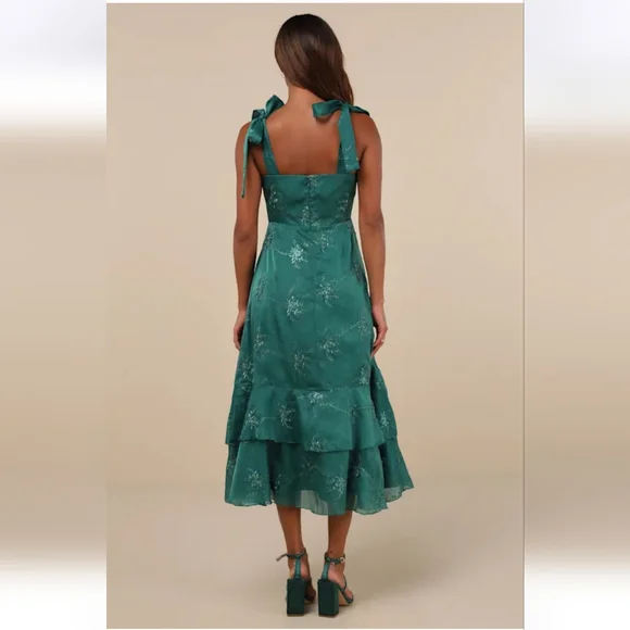Elegant Direction Green Embroidered Ruffled Tie-Strap Midi Dress - Picture 3 of 4